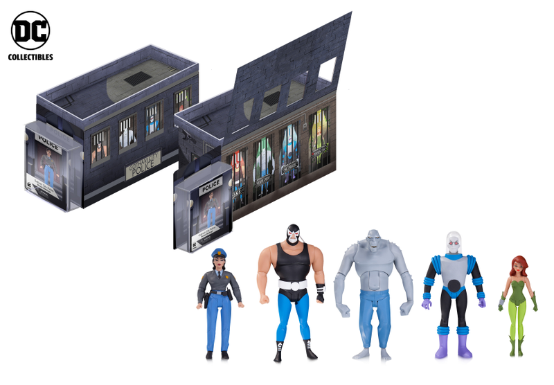 BATMAN: THE ANIMATED SERIES GCPD ROGUES GALLERY ACTION FIGURE 5-PACK Packaging concept is shown, but artwork is not final.Description: A lone cop—Renee Montoya—is surrounded by some of Gotham City’s greatest evildoers in this amazing new action figure 5-pack inspired by Batman: The Animated Series that comes in deluxe packaging with battery-powered lights! Each figure in this set comes with its own character-specific accessories and extra hands. 1:13/6 inch scale MSRP: $175